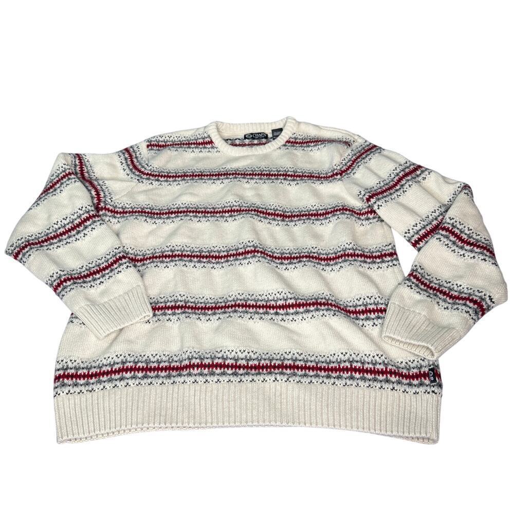 Chaps Men's size XL Sweater Fair Isle Stripe Crewneck Knit Pullover White Gray